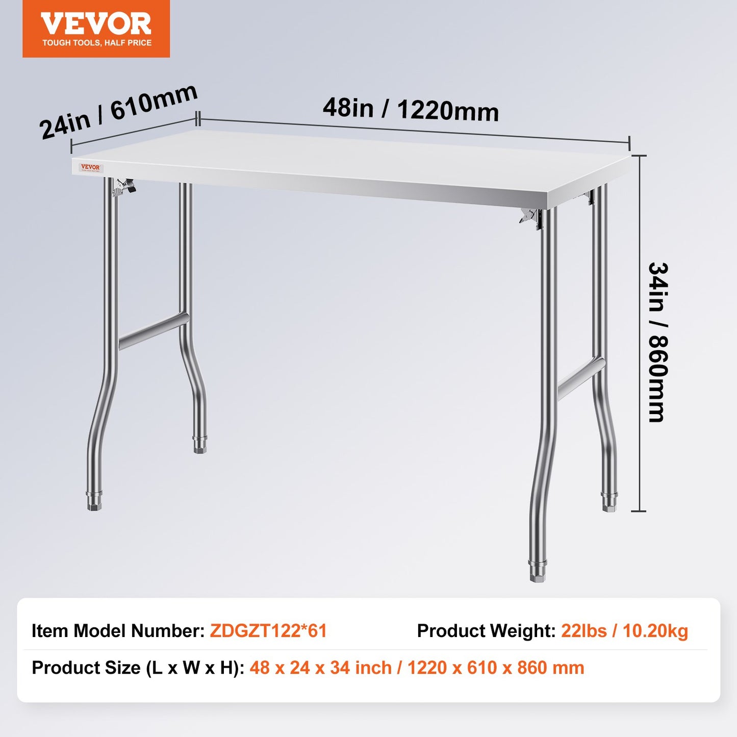 Commercial Worktable Workstation 48 x 24 Inch Folding Commercial Prep Table, Heavy-duty Stainless Steel Folding Table with 661 lbs Load, Kitchen Work Table, Silver Stainless Steel Kitchen Island