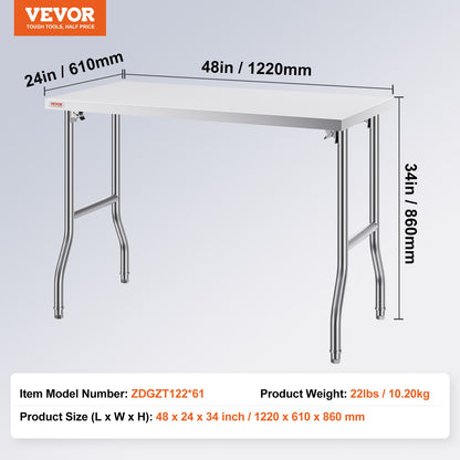 Commercial Worktable Workstation 48 x 24 Inch Folding Commercial Prep Table, Heavy-duty Stainless Steel Folding Table with 661 lbs Load, Kitchen Work Table, Silver Stainless Steel Kitchen Island