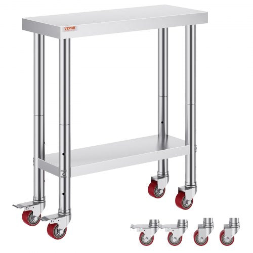 Rostfritt stål cateringbord 30x12 tums kommersiellt köksbord med 4 hjul kommersiell arbetsbänk för matlagning med flexibel justerbar hylla för köksbord
