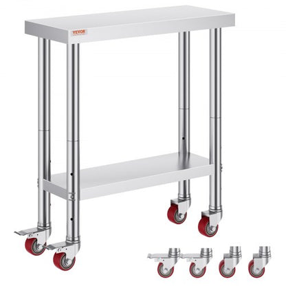 Rostfritt stål cateringbord 30x12 tums kommersiellt köksbord med 4 hjul kommersiell arbetsbänk för matlagning med flexibel justerbar hylla för köksbord
