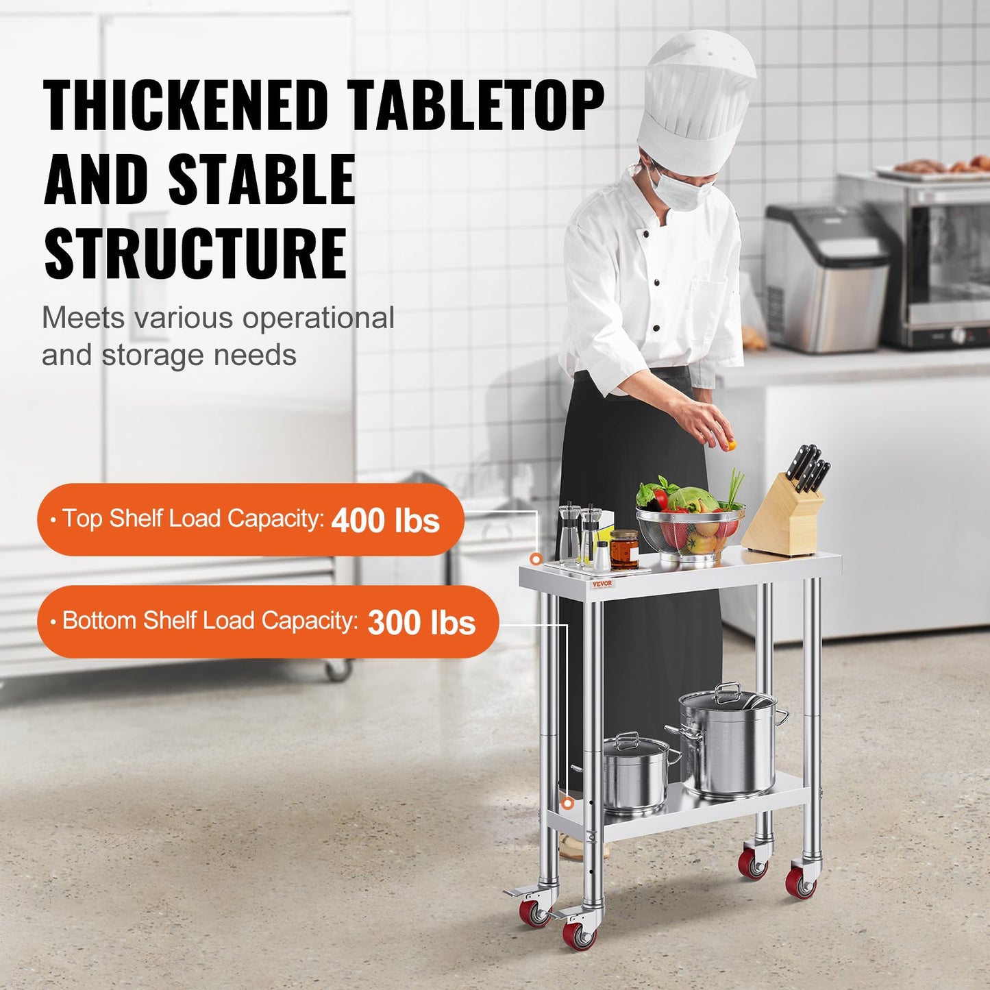 Rostfritt stål cateringbord 30x12 tums kommersiellt köksbord med 4 hjul kommersiell arbetsbänk för matlagning med flexibel justerbar hylla för köksbord