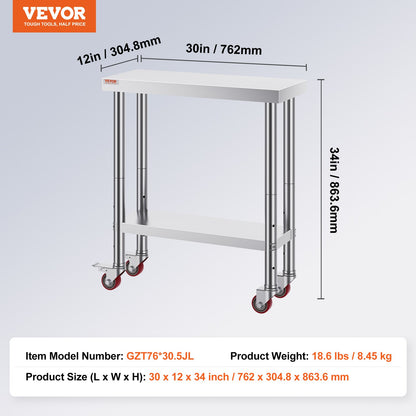Rostfritt stål cateringbord 30x12 tums kommersiellt köksbord med 4 hjul kommersiell arbetsbänk för matlagning med flexibel justerbar hylla för köksbord