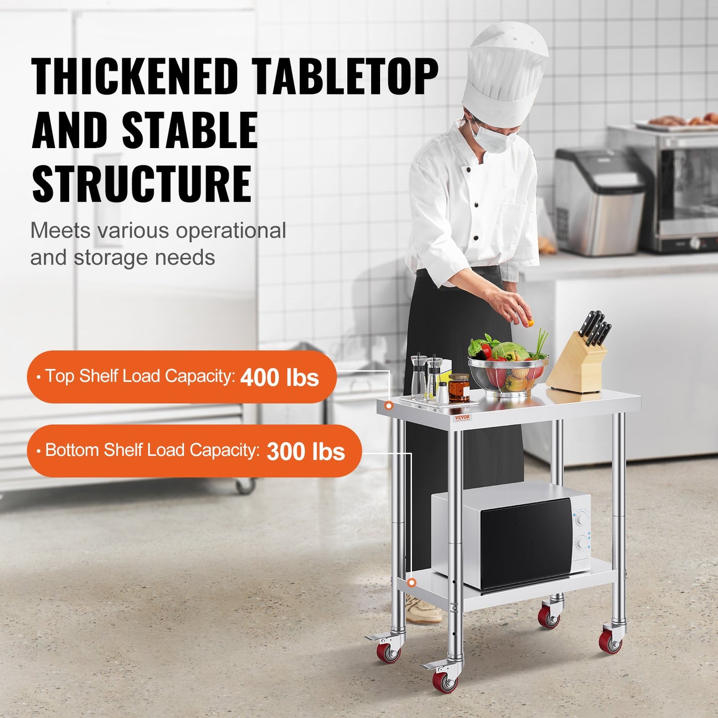 Rostfritt stål cateringbord 30x18 tums kommersiellt köksbord med 4 hjul kommersiell arbetsbänk för matlagning med flexibel justeringshylla för köksbord