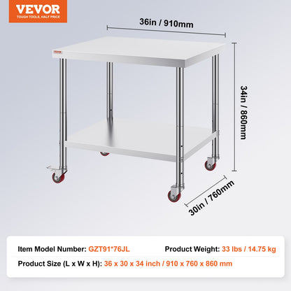 Rostfritt stål cateringbord 30x36 tums kommersiellt köksbord med 4 hjul kommersiell arbetsbänk för matlagning med flexibel justeringshylla för köksbord