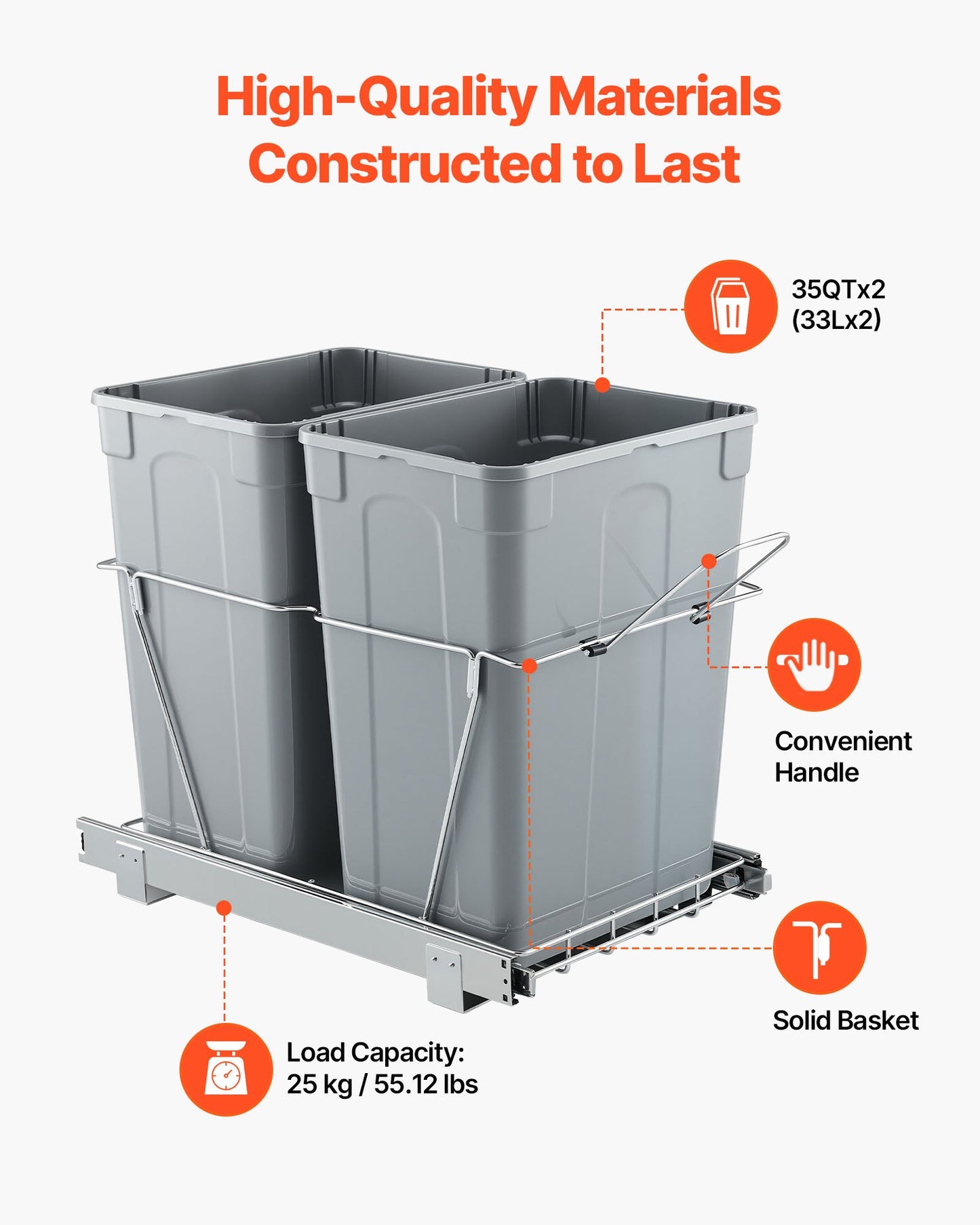 Utdragbar papperskorg för köksskåp, dubbel sophämtning för återvinning under diskbänken, undermonterad avfallsbehållare, med kraftigt, heltäckande glidsystem i metall och handtag