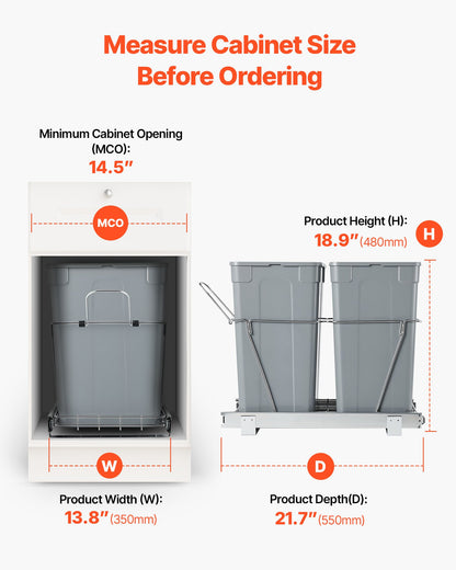 Utdragbar papperskorg för köksskåp, dubbel sophämtning för återvinning under diskbänken, undermonterad avfallsbehållare, med kraftigt, heltäckande glidsystem i metall och handtag