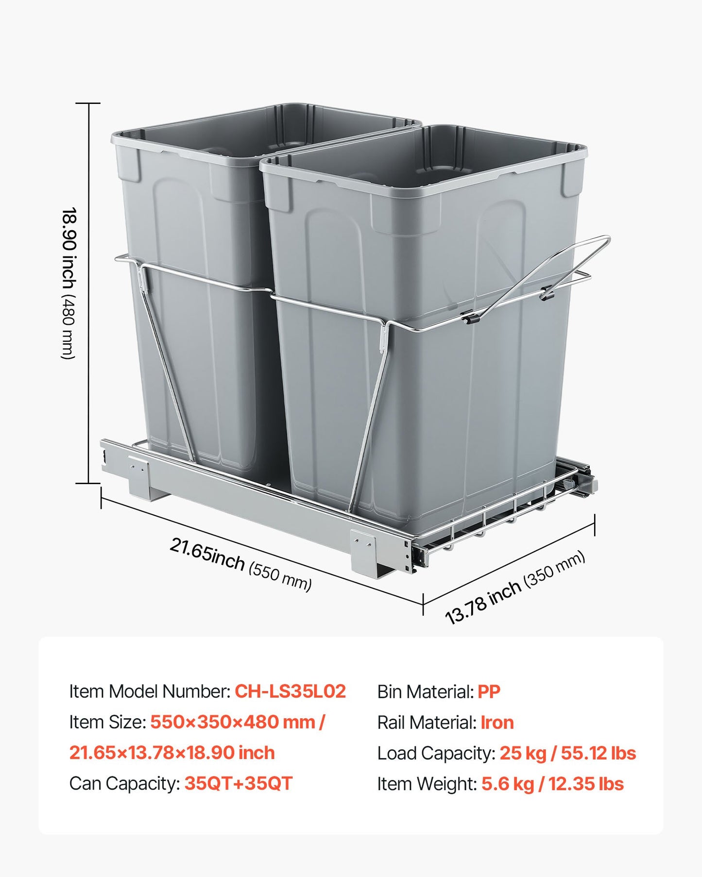 Utdragbar papperskorg för köksskåp, dubbel sophämtning för återvinning under diskbänken, undermonterad avfallsbehållare, med kraftigt, heltäckande glidsystem i metall och handtag