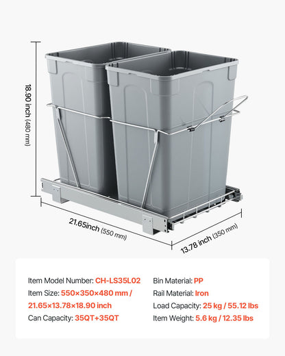 Utdragbar papperskorg för köksskåp, dubbel sophämtning för återvinning under diskbänken, undermonterad avfallsbehållare, med kraftigt, heltäckande glidsystem i metall och handtag