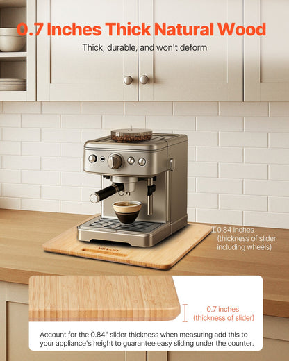 Apparatglidare, medelstor 13 x 16 tum, rullande glidbricka med gummihjul och ihåligt handtag, lätt att rengöra, rullande bricka för kaffebryggare, köksbänkskiva, naturträ