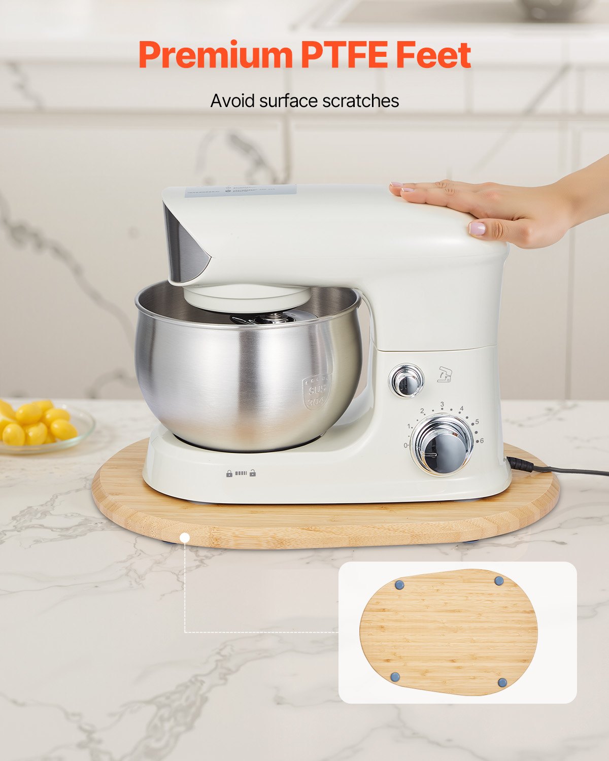 Mixerreglage, oval 15,7 x 11,1 tum, apparatreglage kompatibel med tiltbart huvud 5,5-8 Qt köksmaskin, PTFE-fötter, förvaringsbricka för köksbänkskiva, naturträ