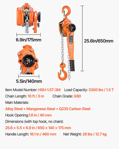 Manual Lever Chain Hoist, 1-1/2T 1500KG Capacity Heavy Duty Come Along, 3M Lift G80 Alloy Steel Chain With Dual Pawl Mechanical Brake, 360° Rotating Hooks, for Warehouse Construction Garage