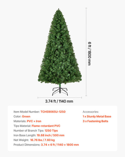 Julgran, 1,8 m konstgjord julgran, kompletta julgranar med 1250 grenar och robust metallbas för hemmafest, kontorsdekoration