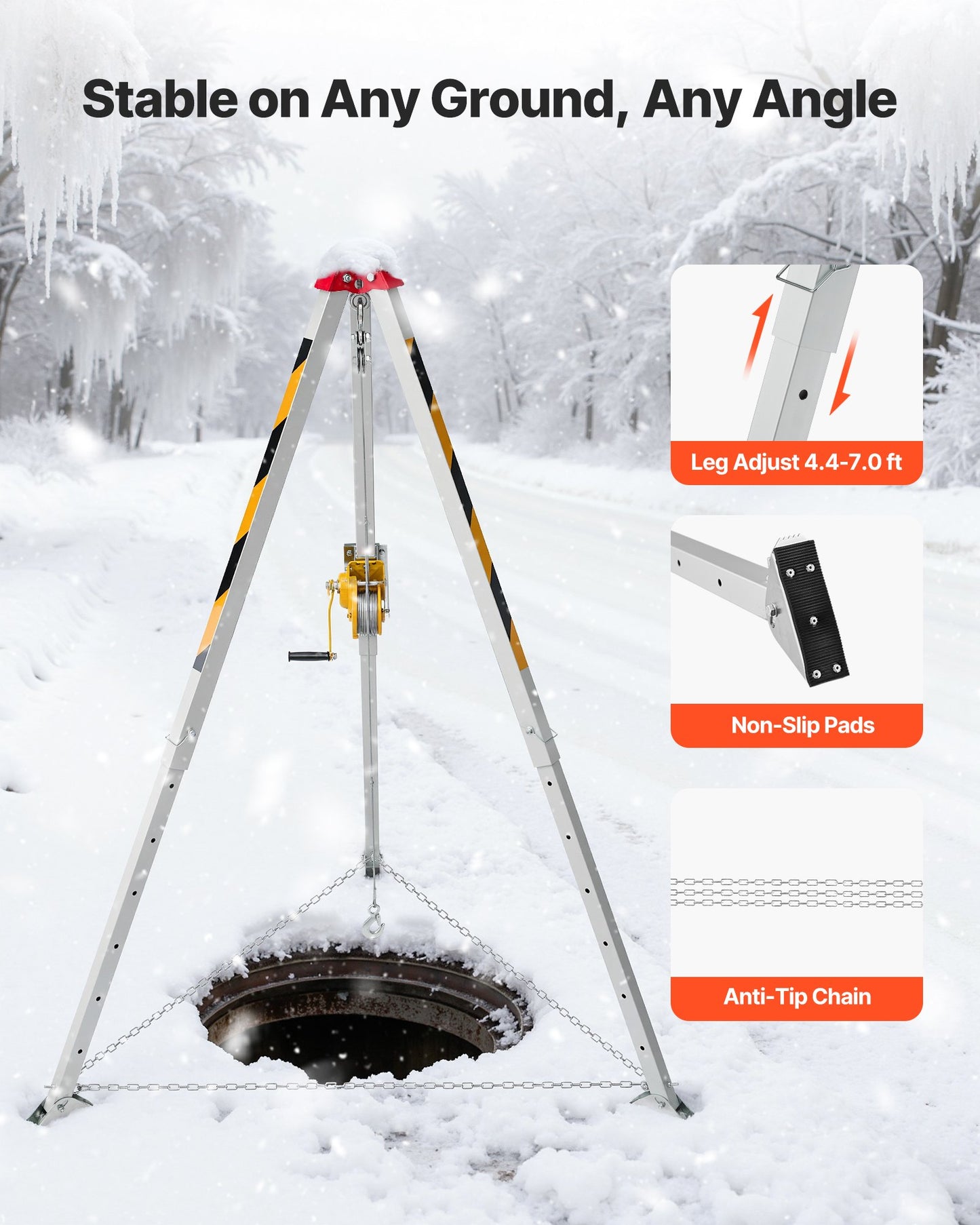 Confined Space Tripod Kit, Heavy Duty Rescue Tripod Lifting Hoist 544 kg Winch, 1.25 m Adjustable Legs, 19.8 m Cable Portable Kit, 10 m Fall Protection, 1.34-2.15 m Working Height