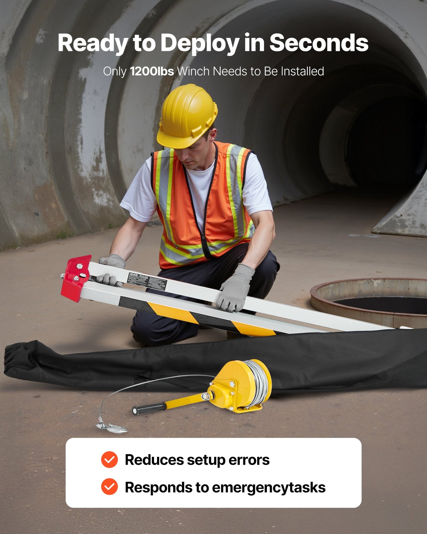 Confined Space Tripod Kit, Heavy Duty Rescue Tripod Lifting Hoist 544 kg Winch, 1.25 m Adjustable Legs, 19.8 m Cable Portable Kit, 10 m Fall Protection, 1.34-2.15 m Working Height