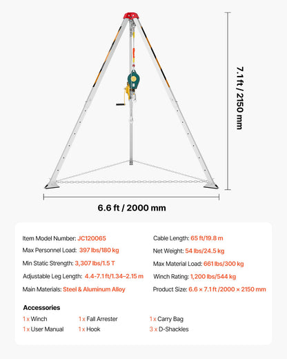 Confined Space Tripod Kit, Heavy Duty Rescue Tripod Lifting Hoist 544 kg Winch, 1.25 m Adjustable Legs, 19.8 m Cable Portable Kit, 10 m Fall Protection, 1.34-2.15 m Working Height