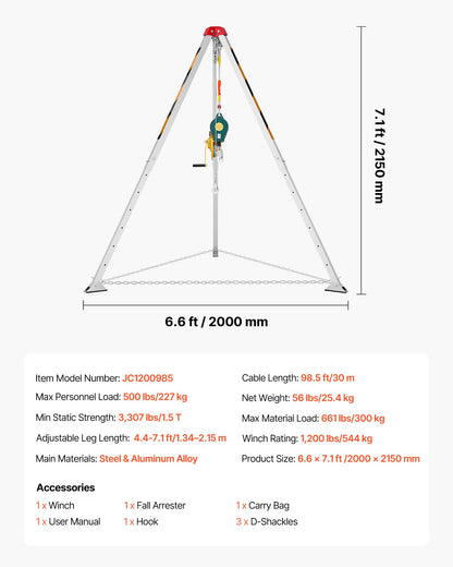 Confined Space Tripod Kit, Heavy Duty Rescue Tripod Lifting Hoist 544 kg Winch, 1.25 m Adjustable Legs, 30 m Cable Portable Kit, 10 m Fall Protection, 1.34-2.15 m Working Height