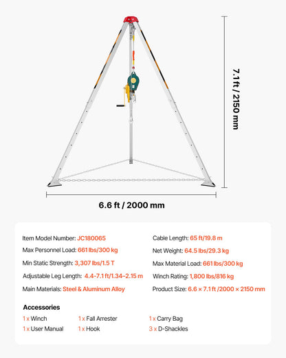 Confined Space Tripod Kit, Heavy Duty Rescue Tripod Lifting Hoist 816 kg Winch, 1.25 m Adjustable Legs, 19.8 m Cable Portable Kit, 10 m Fall Protection, 1.34-2.15 m Working Height