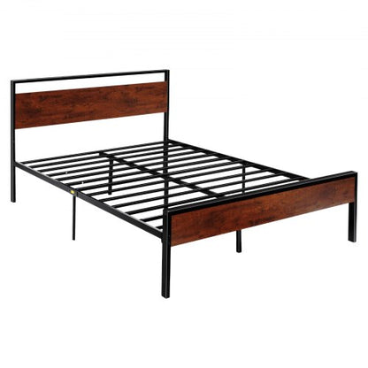 Sängram i queen size-storlek, 35 cm svart plattformssängram i metall med retro brun trähuvud- och fotgavel, stor förvaring under sängen, halkfri utan ljud, ingen boxmadrass behövs, enkel montering