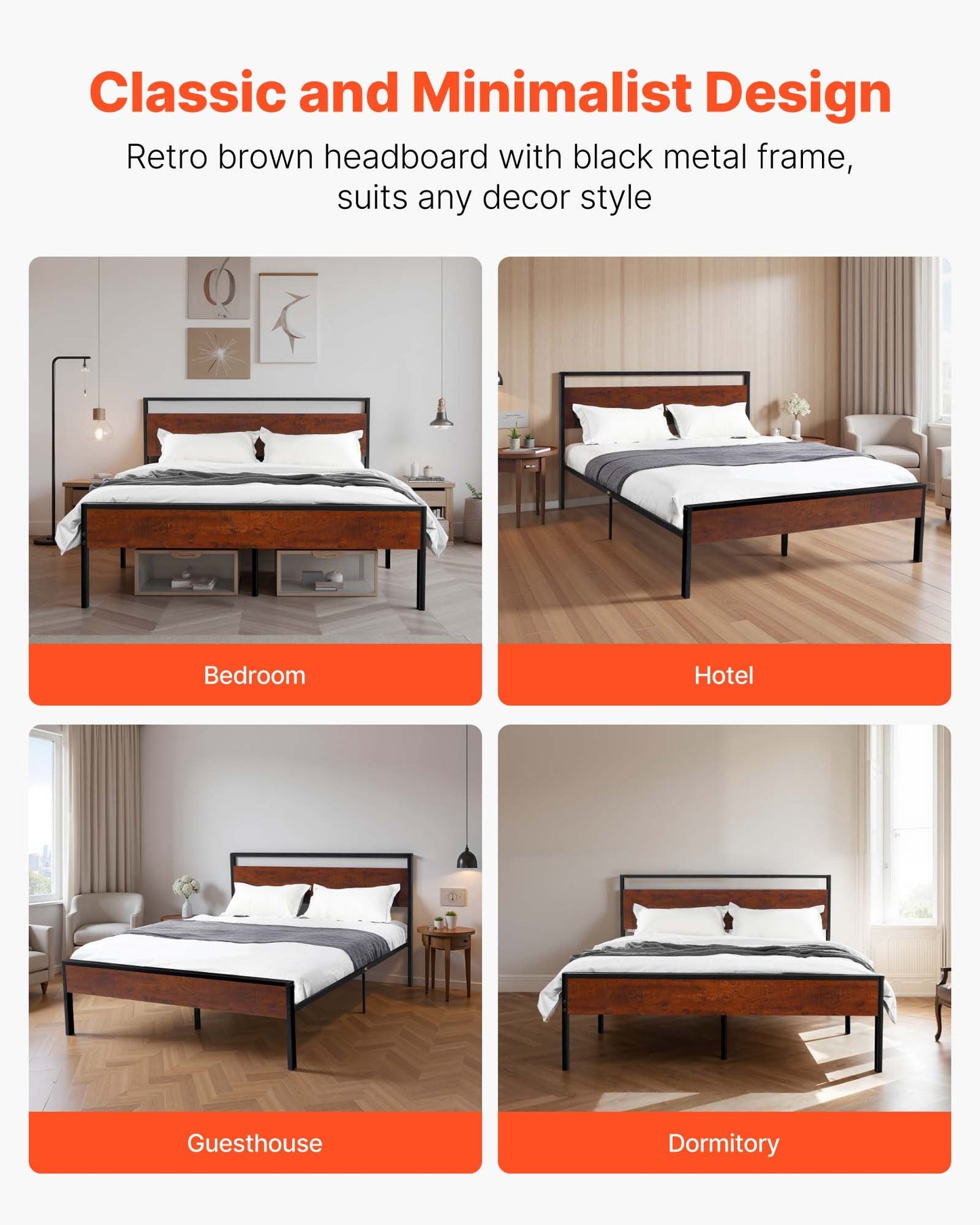 Sängram i queen size-storlek, 35 cm svart plattformssängram i metall med retro brun trähuvud- och fotgavel, stor förvaring under sängen, halkfri utan ljud, ingen boxmadrass behövs, enkel montering