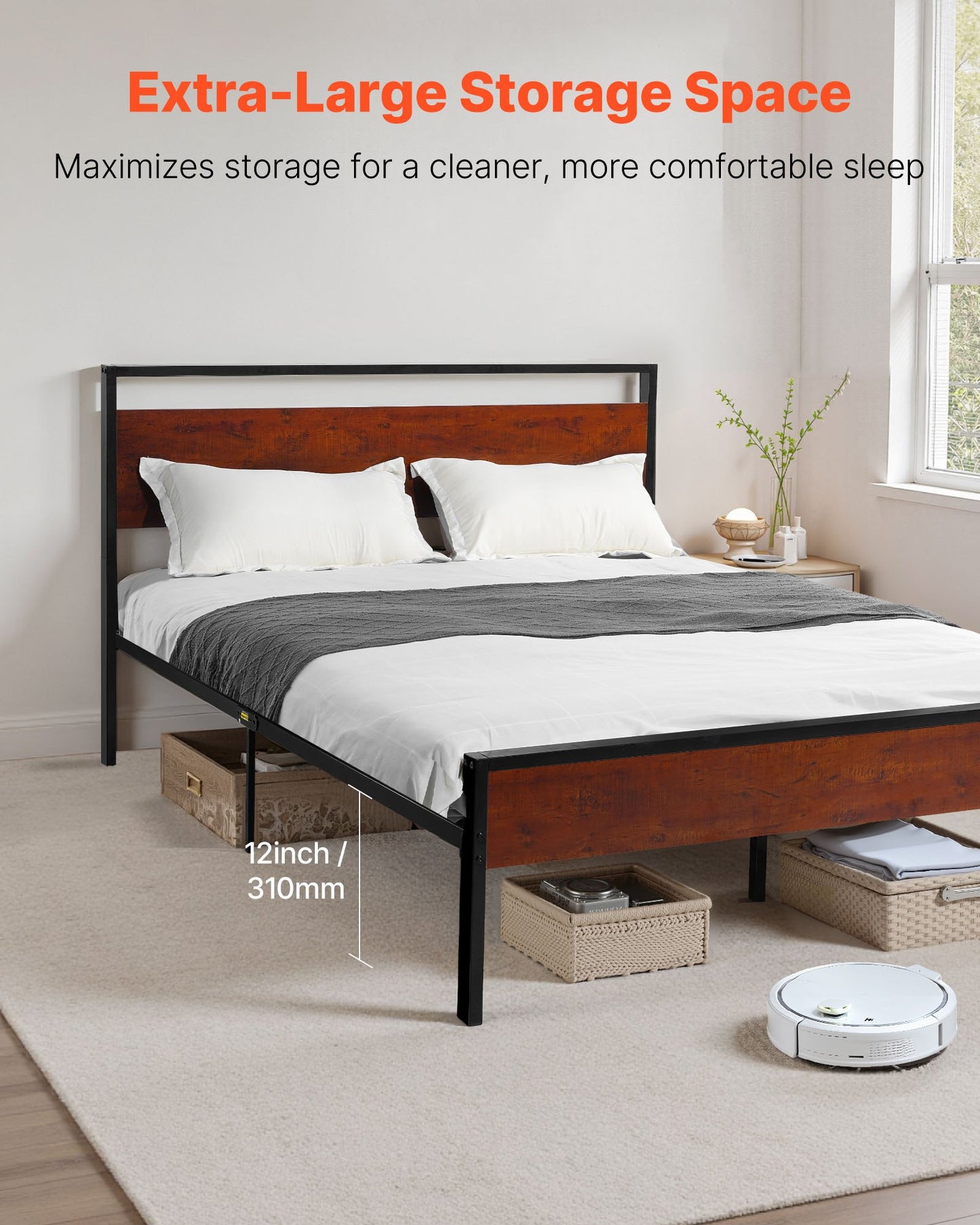 Full Size Bed Frame, 35 cm Black Metal Platform Bed Frame with Retro Brown Wooden Headboard and Footboard, Large Under-Bed Storage, Non-Slip Without Noise, No Box Spring Needed, Easy Assembly