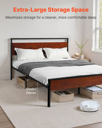 Full Size Bed Frame, 35 cm Black Metal Platform Bed Frame with Retro Brown Wooden Headboard and Footboard, Large Under-Bed Storage, Non-Slip Without Noise, No Box Spring Needed, Easy Assembly