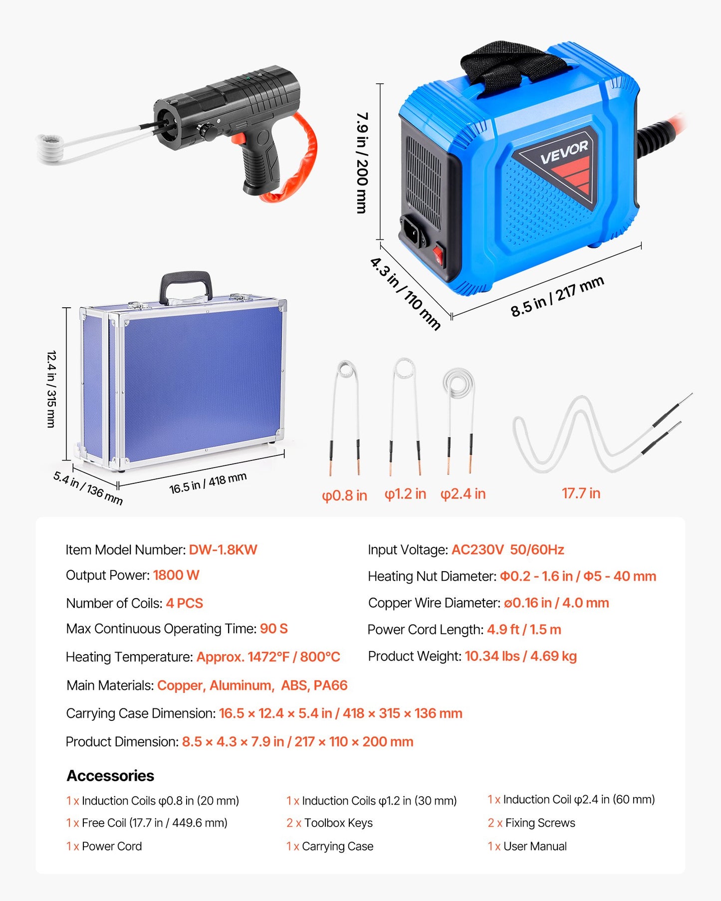 Borttagning av induktionsvärmarebult, 1800W 230V magnetisk induktionsvärmare, handhållen mutterbrytare, minivärmemaskin för borttagning av rostiga skruvar, reparationsverktyg för bilgarage med 4 spolar och låda
