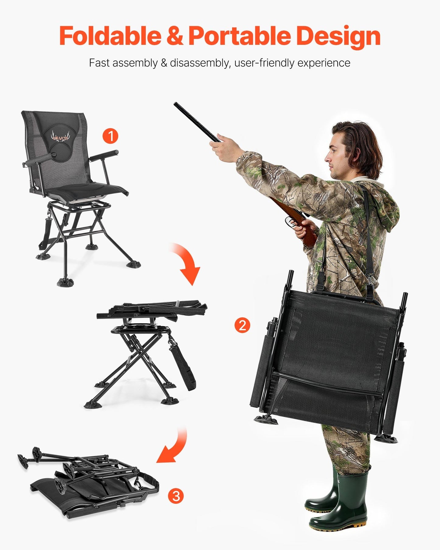 Hunting Chair, 360° Silent Swivel, Foldable Portable Blind Chair, Heavy-Duty Steel Frame Ground Stool Seat, with Armrests, Adjustable Carry Strap, Anti-Sink Feet, 136 Kg Capacity for Fishing