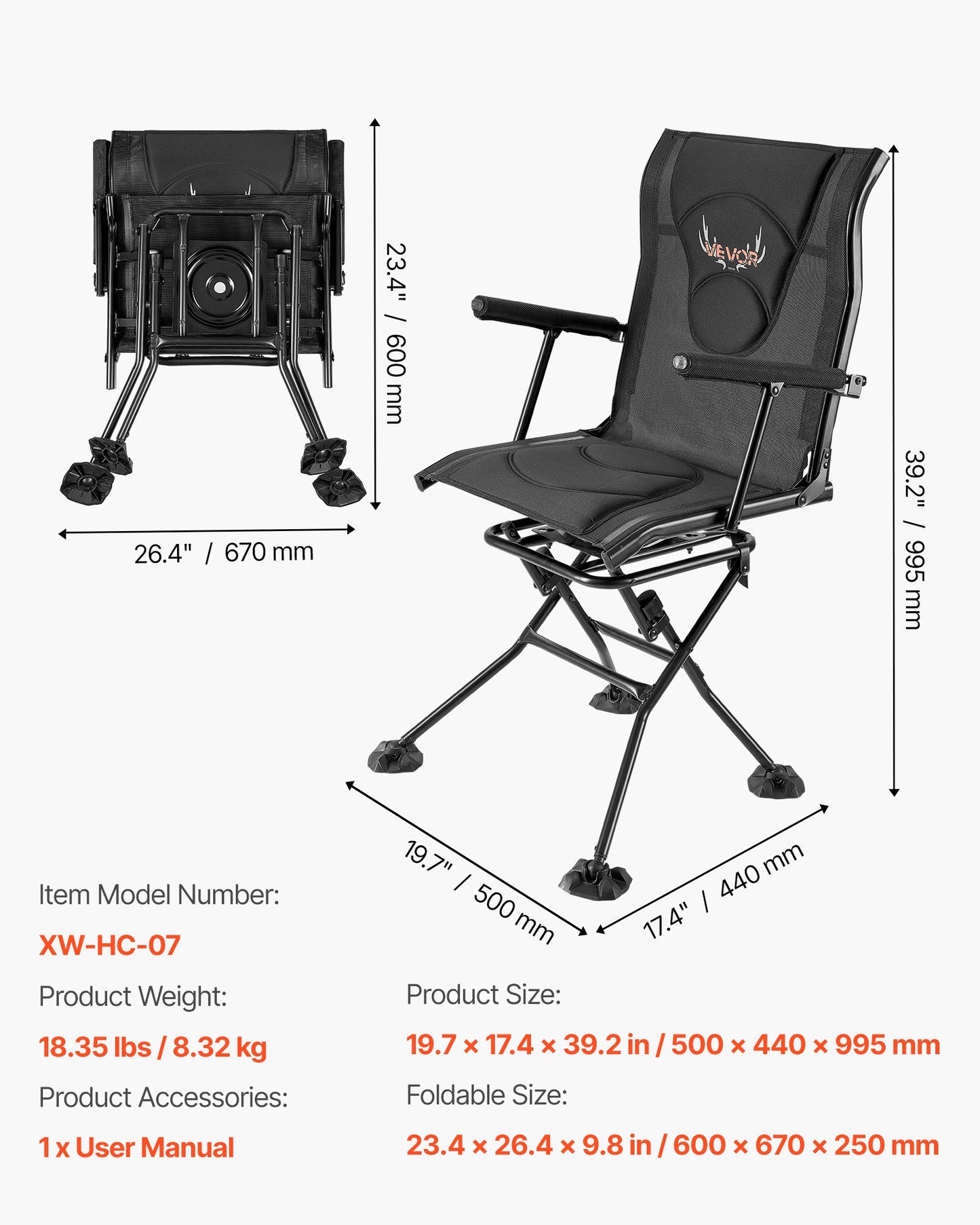 Hunting Chair, 360° Silent Swivel, Foldable Portable Blind Chair, Heavy-Duty Steel Frame Ground Stool Seat, with Armrests, Adjustable Carry Strap, Anti-Sink Feet, 136 Kg Capacity for Fishing