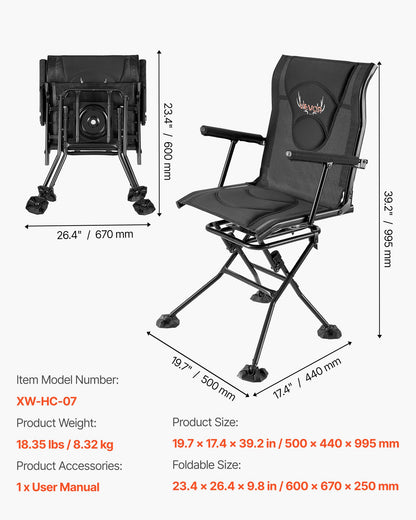 Hunting Chair, 360° Silent Swivel, Foldable Portable Blind Chair, Heavy-Duty Steel Frame Ground Stool Seat, with Armrests, Adjustable Carry Strap, Anti-Sink Feet, 136 Kg Capacity for Fishing