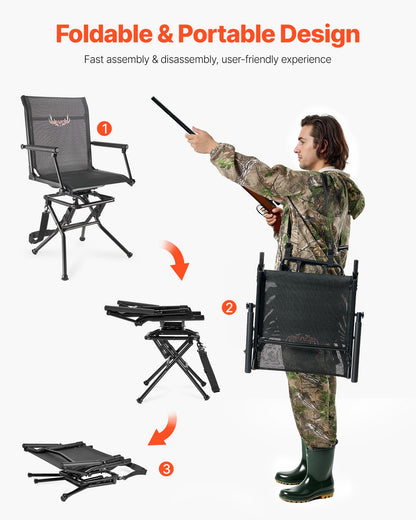 Hunting Chair, 360° Silent Swivel, Foldable Lightweight Portable Blind Chair, Heavy-Duty Steel Frame Ground Stool Seat, with Armrest, Adjustable Carry Strap, 136 Kg Capacity for Fishing Camping