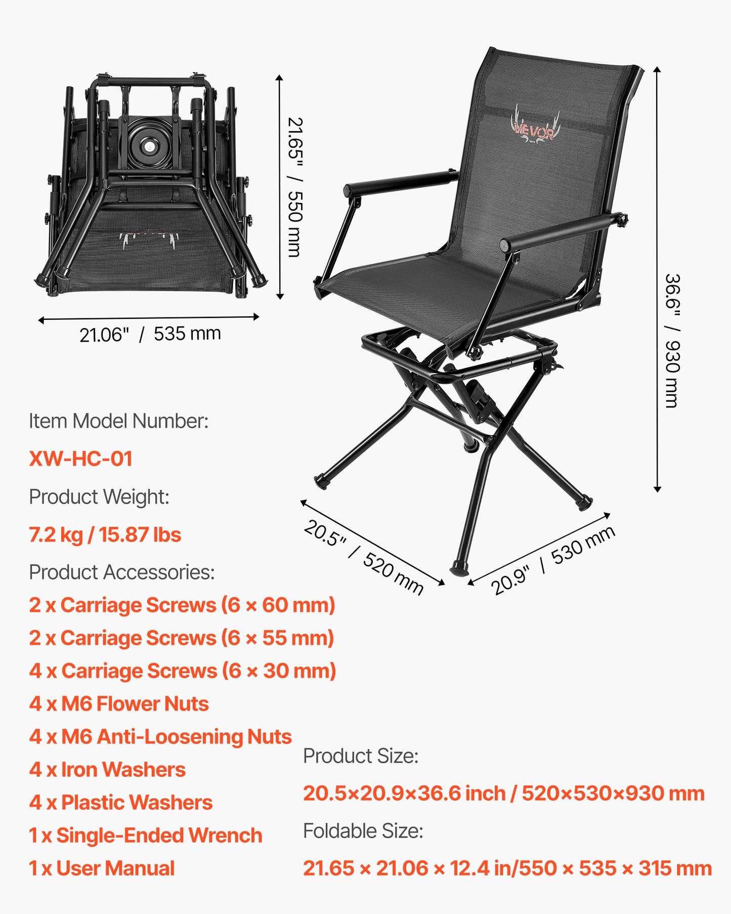 Hunting Chair, 360° Silent Swivel, Foldable Lightweight Portable Blind Chair, Heavy-Duty Steel Frame Ground Stool Seat, with Armrest, Adjustable Carry Strap, 136 Kg Capacity for Fishing Camping