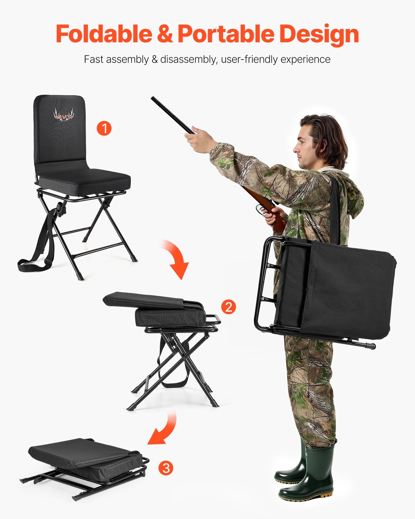 Hunting Chair, 360° Silent Swivel, Foldable Lightweight Portable Blind Chair, Heavy-Duty Steel Frame Ground Stool Seat, with Adjustable Shoulder Strap, 136 Kg Capacity for Fishing, Camping