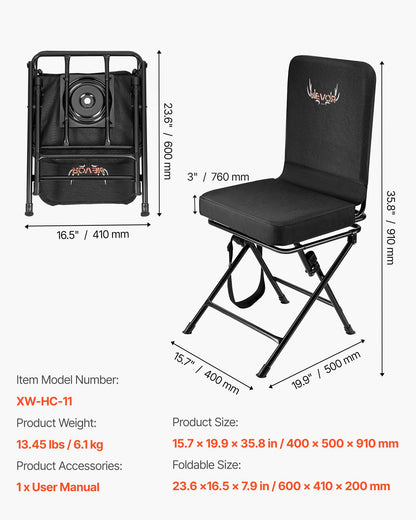 Hunting Chair, 360° Silent Swivel, Foldable Lightweight Portable Blind Chair, Heavy-Duty Steel Frame Ground Stool Seat, with Adjustable Shoulder Strap, 136 Kg Capacity for Fishing, Camping