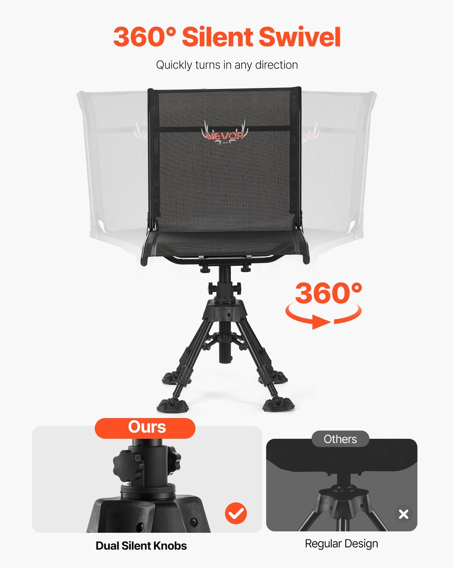 Jaktstol, 360° tyst vridbar, hopfällbar bärbar blindstol, kraftig stålram, golvpall med sänksäkra vridfötter, höjdjusterbar, 158 kg kapacitet för fiske och camping