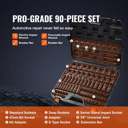 3/8" slaghylsnyckelsats, 90-delars hylsnyckelsats SAE 1/4"-3/4" och metrisk 6-19 mm, 6-kants Cr-Mo-legerat stål för bilreparationer, inkluderar förlängningsstänger, universalkopplingsadapter, lås, förvaringsväska