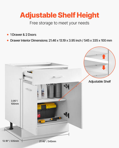 White Shaker Base Cabinet with Drawer, 24-Inch Unassembled Drawer Base Cabinet, 24" W x 19" D x 32" H Ready to Assemble Cabinet with Soft-Close Doors and Adjustable Shelf, for Home Office