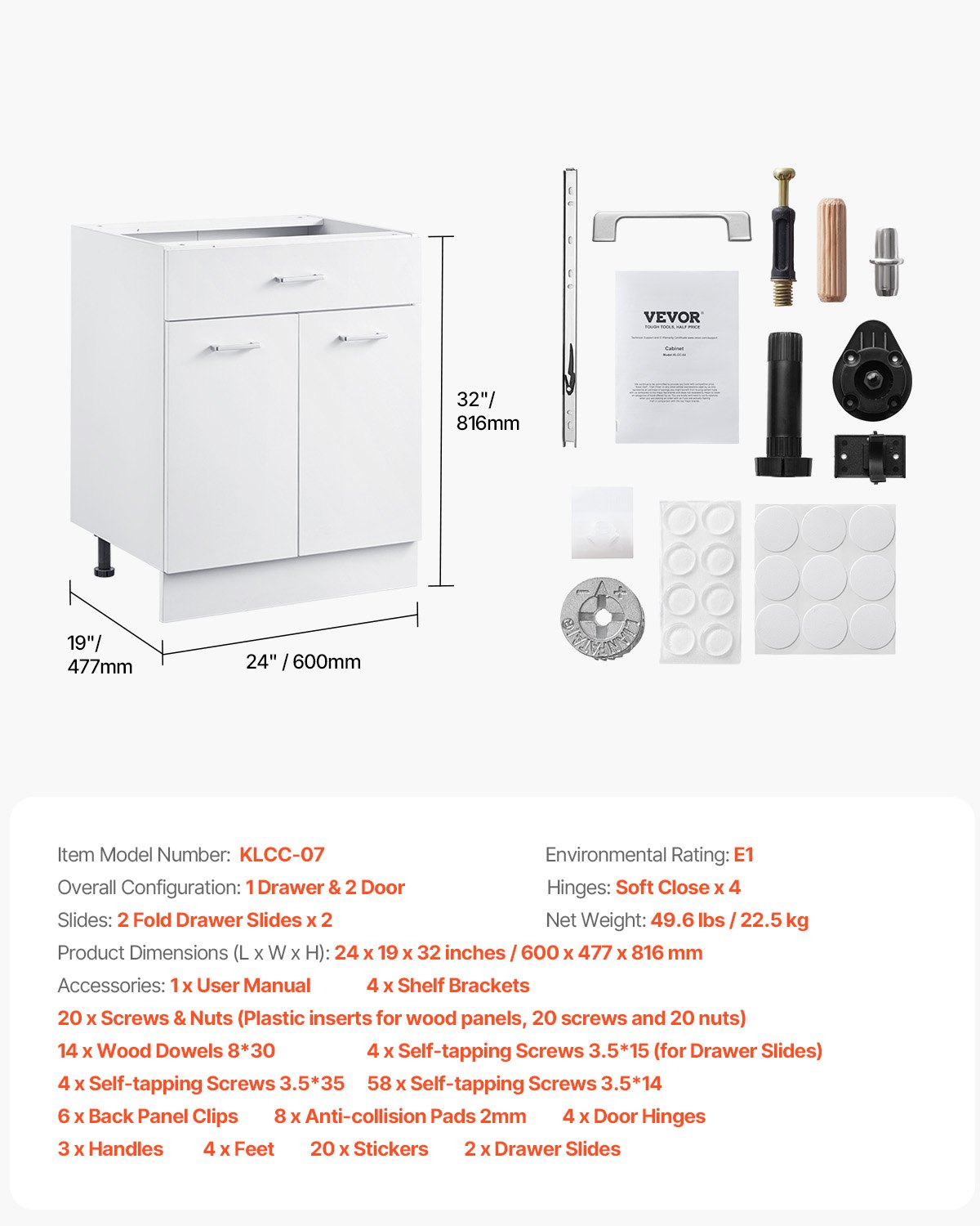White Shaker Base Cabinet with Drawer, 24-Inch Unassembled Drawer Base Cabinet, 24" W x 19" D x 32" H Ready to Assemble Cabinet with Soft-Close Doors and Adjustable Shelf, for Home Office