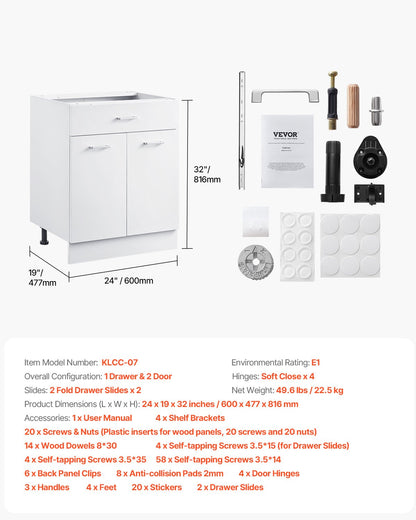 White Shaker Base Cabinet with Drawer, 24-Inch Unassembled Drawer Base Cabinet, 24" W x 19" D x 32" H Ready to Assemble Cabinet with Soft-Close Doors and Adjustable Shelf, for Home Office