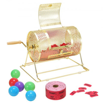 Lotteritrumma, 11,6 x Ø7,48 tum mässingspläterad snurrbur för lotteribiljetter, rymmer 2500 lotter eller 100 pingisbollar, snurrande lotteriteckning i metall med trähandtag, för bingolöster