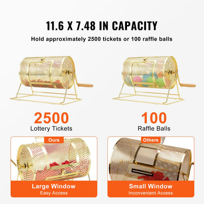 Lotteritrumma, 11,6 x Ø7,48 tum mässingspläterad snurrbur för lotteribiljetter, rymmer 2500 lotter eller 100 pingisbollar, snurrande lotteriteckning i metall med trähandtag, för bingolöster