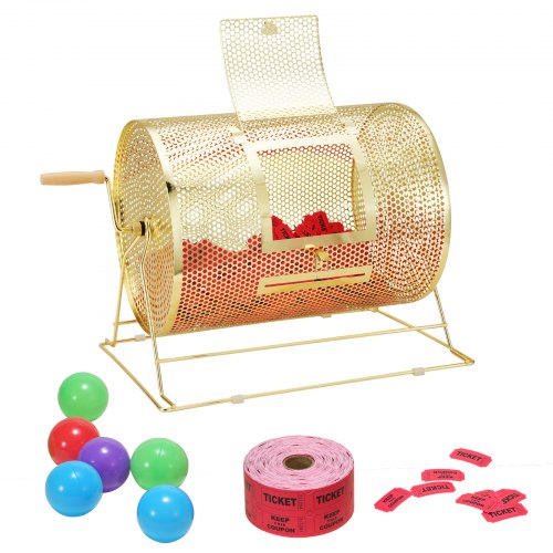 Lotteritrumma, 16,1 x Ø12 tum mässingspläterad snurrbur för lotteribiljetter, rymmer 5000 lotter eller 200 pingisbollar, snurrande lotteriteckning i metall med vridbart trähandtag, för bingolösta