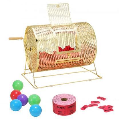 Lotteritrumma, 16,1 x Ø12 tum mässingspläterad snurrbur för lotteribiljetter, rymmer 5000 lotter eller 200 pingisbollar, snurrande lotteriteckning i metall med vridbart trähandtag, för bingolösta