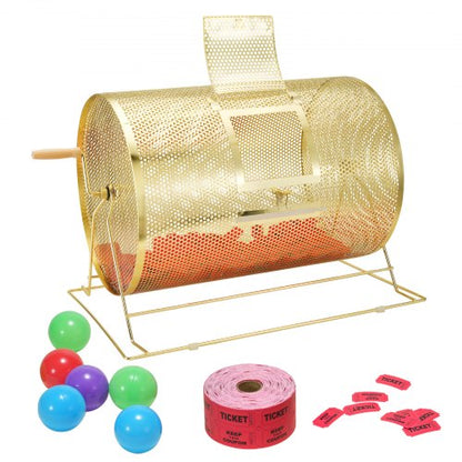 Lotteritrumma, 14,8 x Ø21,26 tum mässingspläterad snurrbur för lotteribiljetter, rymmer 10 000 lotter eller 300 pingisbollar, snurrande lotteriteckning i metall med trähandtag, för bingolunda