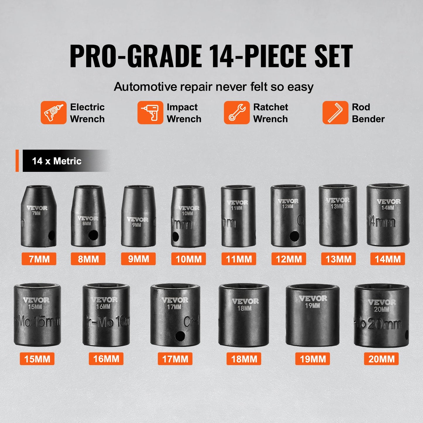 3/8" slaghylsnyckelsats, 14-delars grundhylsnyckelsats metrisk 7-20 mm, 6-kantig Cr-Mo-legerat stål för bilreparationer, lättlästa storleksmarkeringar, robust konstruktion, inkluderar förvaringsväska