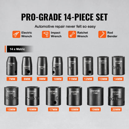 3/8" slaghylsnyckelsats, 14-delars grundhylsnyckelsats metrisk 7-20 mm, 6-kantig Cr-Mo-legerat stål för bilreparationer, lättlästa storleksmarkeringar, robust konstruktion, inkluderar förvaringsväska