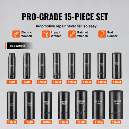 3/8" slaghylsnyckelsats, 15-delars djup hylsnyckelsats metrisk 8-22 mm, 6-kantig Cr-Mo-legerat stål för bilreparationer, lättlästa storleksmarkeringar, robust konstruktion, inkluderar förvaringsväska
