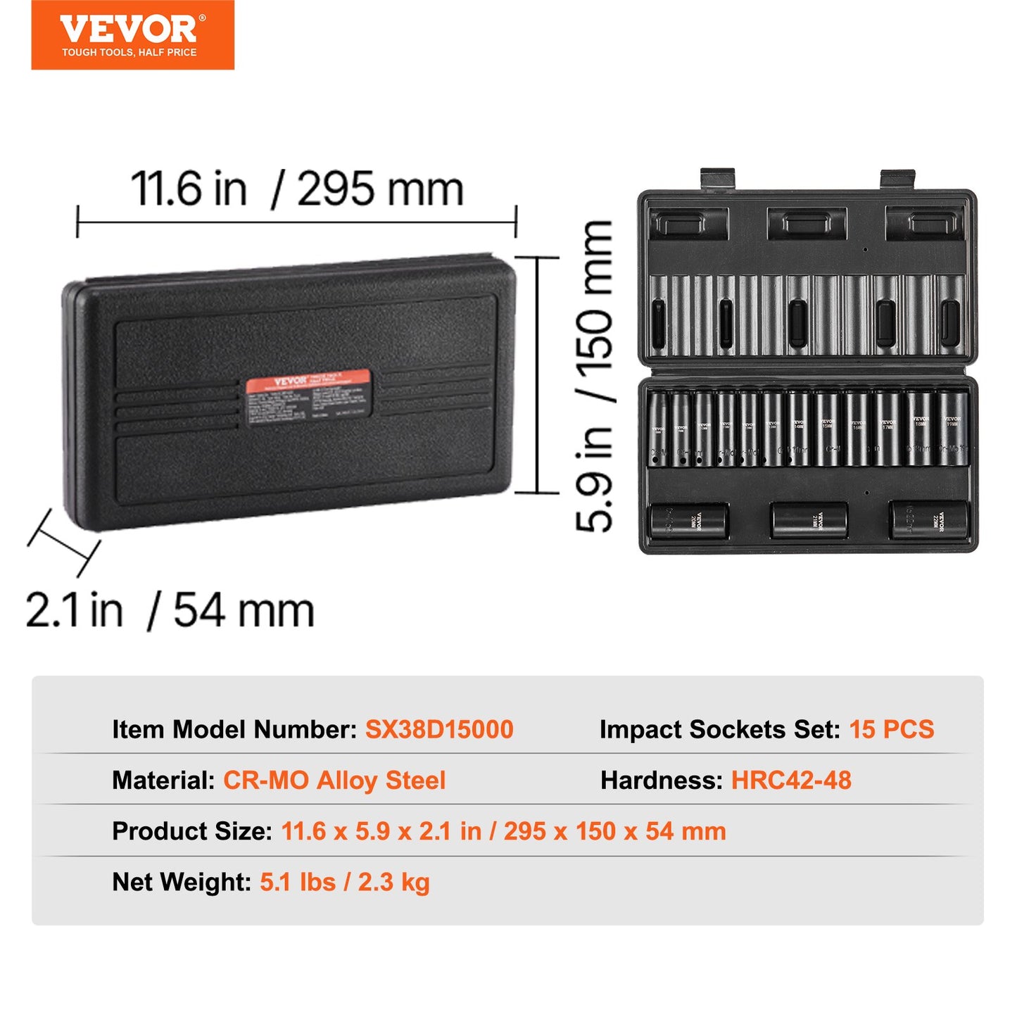 3/8" slaghylsnyckelsats, 15-delars djup hylsnyckelsats metrisk 8-22 mm, 6-kantig Cr-Mo-legerat stål för bilreparationer, lättlästa storleksmarkeringar, robust konstruktion, inkluderar förvaringsväska