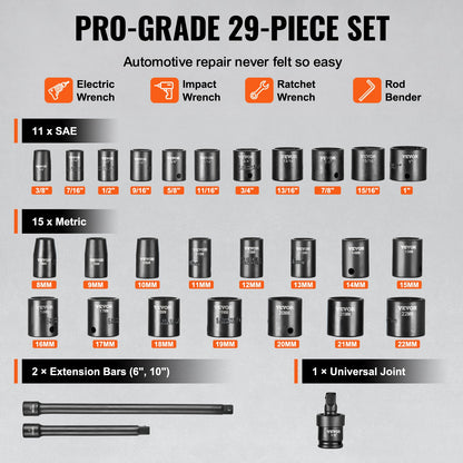 3/8" slaghylsnyckelsats, 29-delars grundhylsnyckelsats SAE 3/8"-1" och metrisk 8-22 mm, 6-kantig CR-MO-legerat stål för bilreparationer, lättlästa storleksmarkeringar, robust konstruktion, förvaringsväska