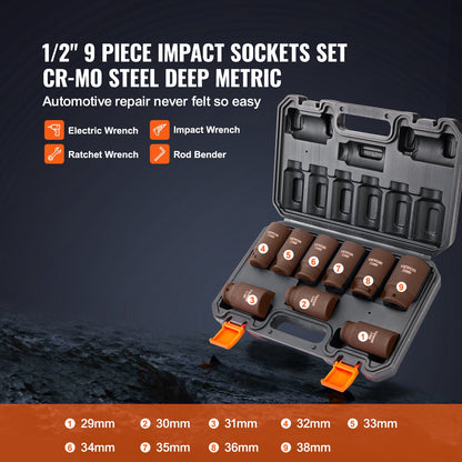 1/2" slaghylsnyckelsats, 9-delad djup hylsnyckelsats metrisk 29-38 mm, 6-kantig Cr-Mo-legerat stål för bilreparationer, lättlästa storleksmarkeringar, robust konstruktion, inkluderar förvaringsväska