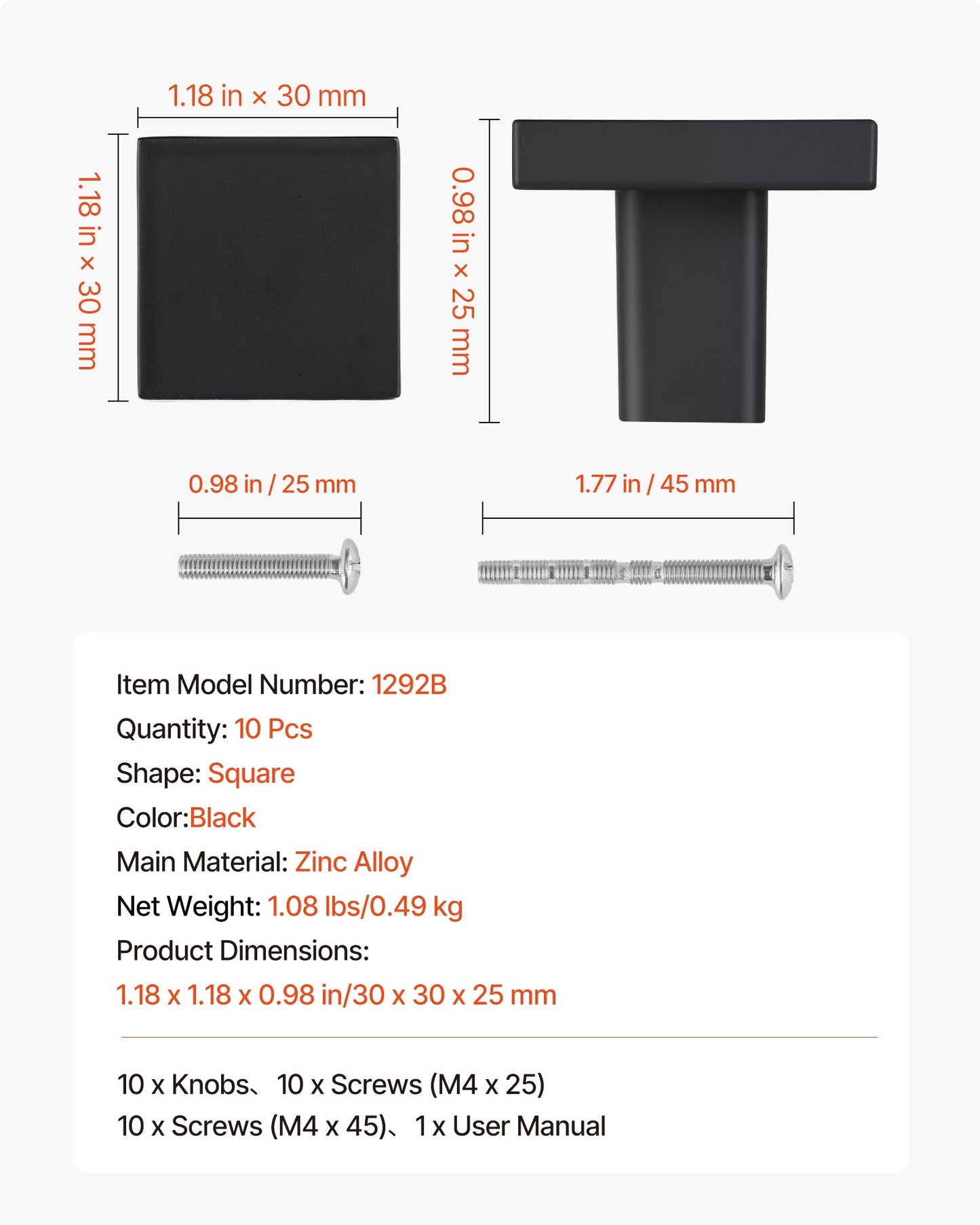 Skåpsknoppar, 10-pack, 30 mm låd- och dörrhandtag i svart zinklegering, fyrkantiga köksknoppar, byråhandtag, skåpbeslag med skruvar för kök, badrum, garderob, skåp, lådor